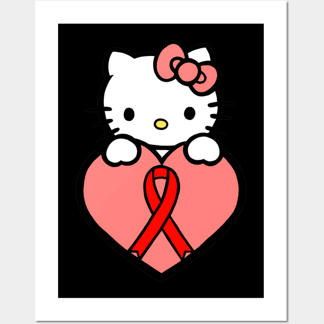 Cartoon cat holding Awareness ribbon (red) Wall Art by CaitlynConnor